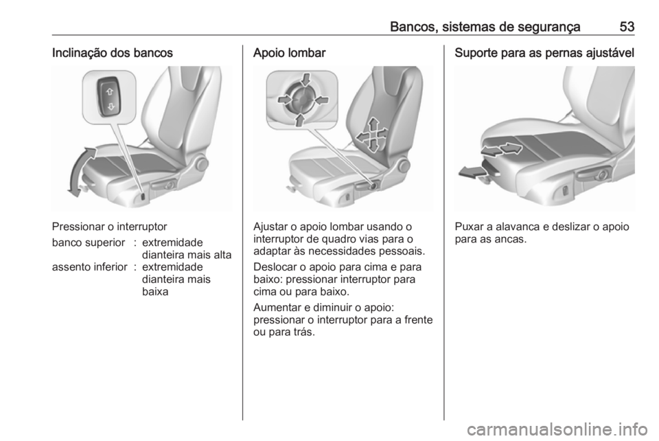 OPEL ASTRA K 2019  Manual de Instruções (in Portugues) Bancos, sistemas de segurança53Inclinação dos bancos
Pressionar o interruptor
banco superior:extremidade
dianteira mais altaassento inferior:extremidade
dianteira mais
baixaApoio lombar
Ajustar o a