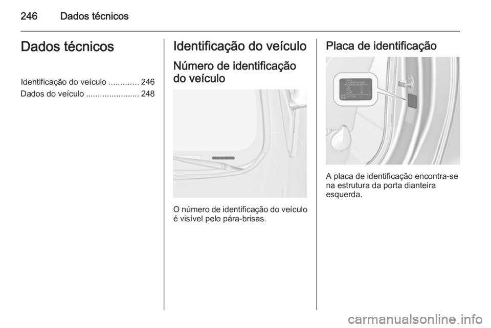 OPEL CASCADA 2014  Manual de Instruções (in Portugues) 246Dados técnicosDados técnicosIdentificação do veículo.............246
Dados do veículo .......................248Identificação do veículo
Número de identificação
do veículo
O número de