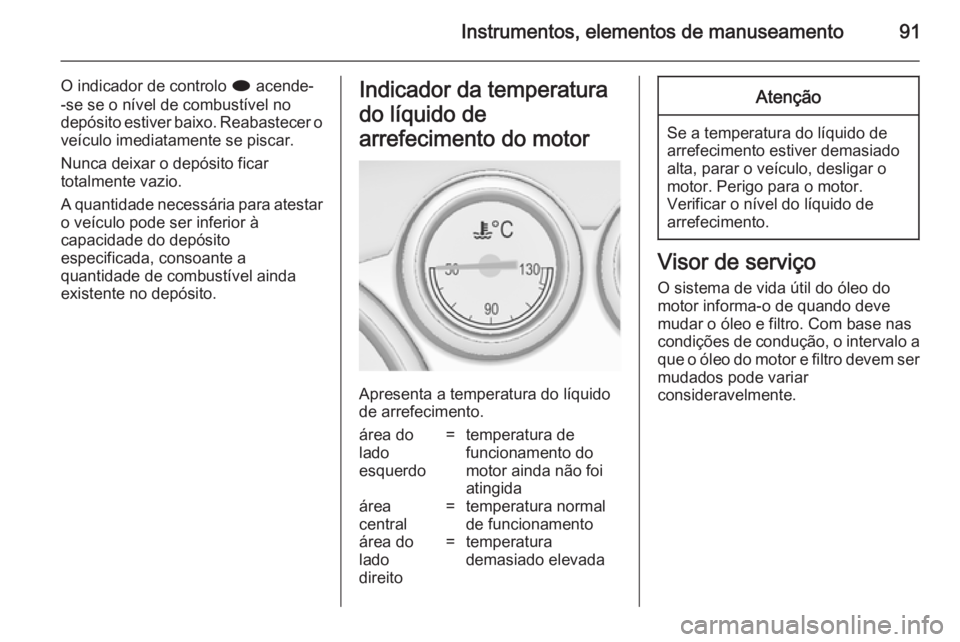 OPEL CASCADA 2014.5  Manual de Instruções (in Portugues) Instrumentos, elementos de manuseamento91
O indicador de controlo i acende-
-se se o nível de combustível no
depósito estiver baixo. Reabastecer o
veículo imediatamente se piscar.
Nunca deixar o d