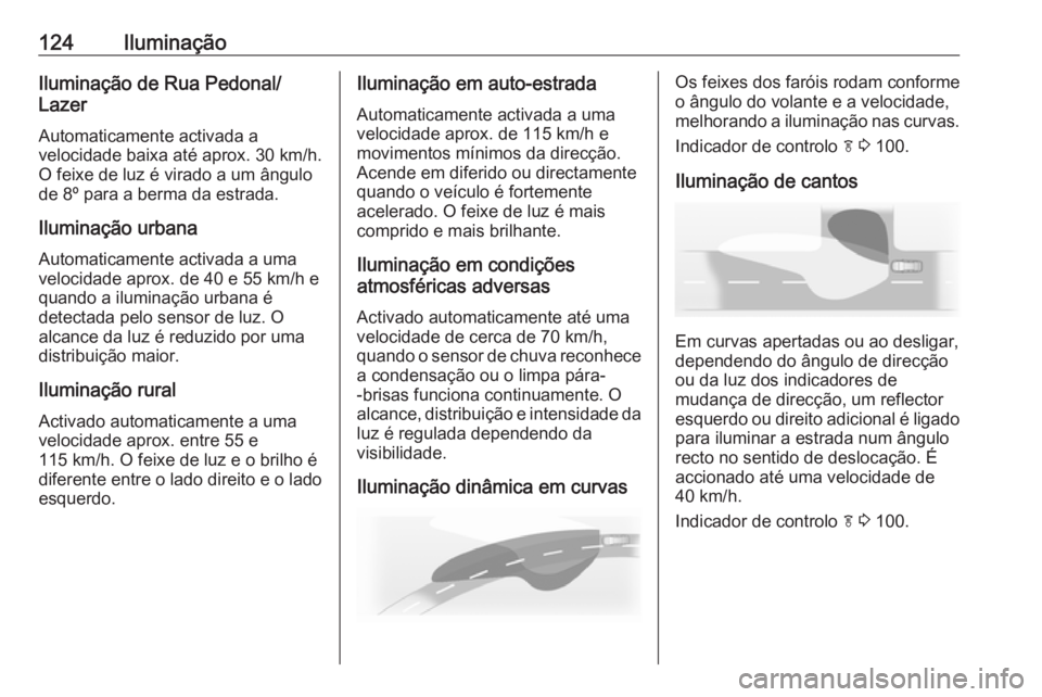 OPEL CASCADA 2017.5 Manual de Instruções (in Portugues) 124IluminaçãoIluminação de Rua Pedonal/
Lazer
Automaticamente activada a
velocidade baixa até aprox. 30 km/h.
O feixe de luz é virado a um ângulo de 8º para a berma da estrada.
Iluminação ur OPEL CASCADA 2017.5 Manual de Instruções (in Portugues) 124IluminaçãoIluminação de Rua Pedonal/
Lazer
Automaticamente activada a
velocidade baixa até aprox. 30 km/h.
O feixe de luz é virado a um ângulo de 8º para a berma da estrada.
Iluminação ur