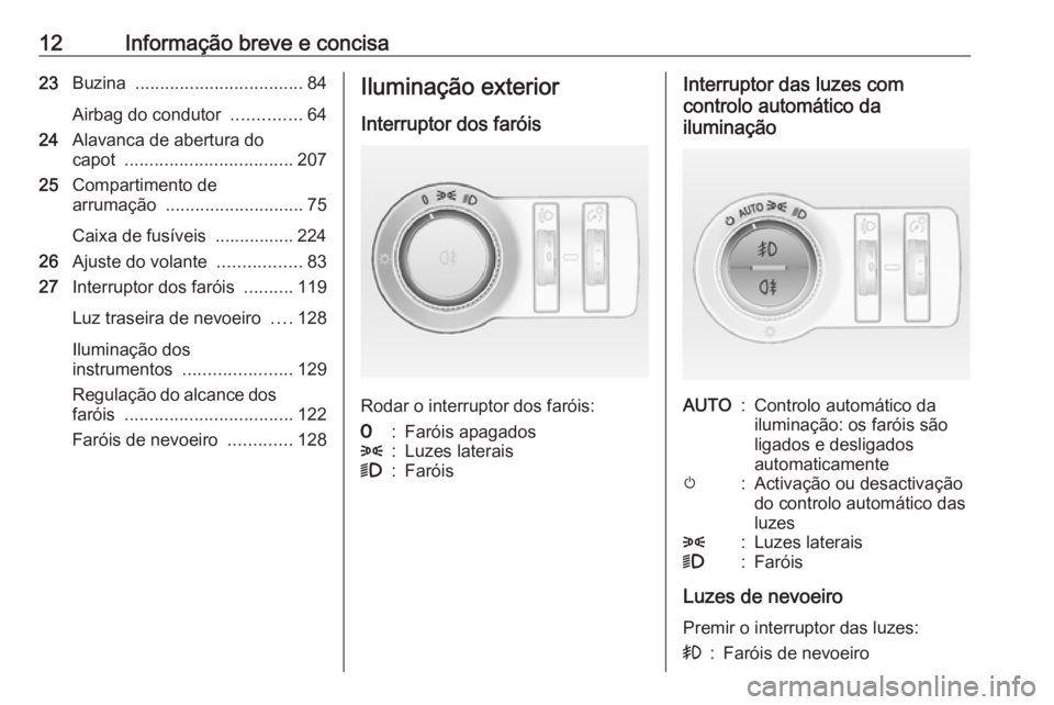 OPEL CASCADA 2017.5  Manual de Instruções (in Portugues) 12Informação breve e concisa23Buzina  .................................. 84
Airbag do condutor  ..............64
24 Alavanca de abertura do
capot  .................................. 207
25 Compartim