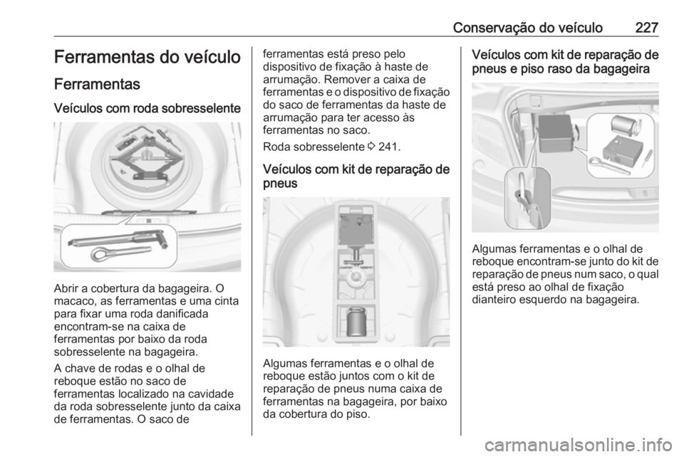 OPEL CASCADA 2017.5  Manual de Instruções (in Portugues) Conservação do veículo227Ferramentas do veículo
Ferramentas
Veículos com roda sobresselente
Abrir a cobertura da bagageira. O
macaco, as ferramentas e uma cinta
para fixar uma roda danificada
enc