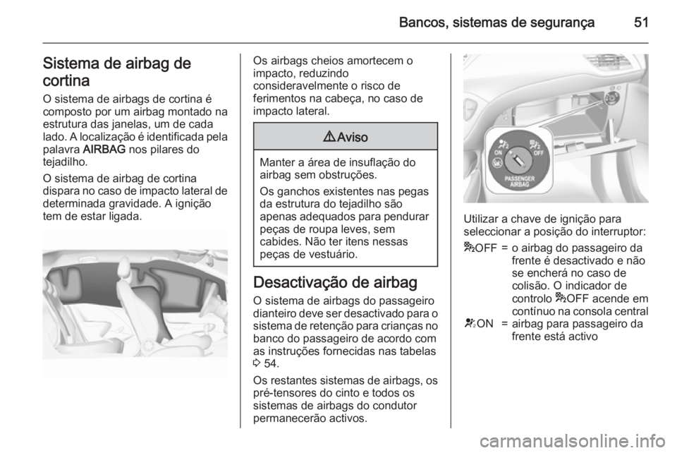 OPEL CORSA 2015.75 Manual de Instruções (in Portugues) Bancos, sistemas de segurança51Sistema de airbag de
cortina O sistema de airbags de cortina écomposto por um airbag montado na
estrutura das janelas, um de cada
lado. A localização é identificada OPEL CORSA 2015.75 Manual de Instruções (in Portugues) Bancos, sistemas de segurança51Sistema de airbag de
cortina O sistema de airbags de cortina écomposto por um airbag montado na
estrutura das janelas, um de cada
lado. A localização é identificada