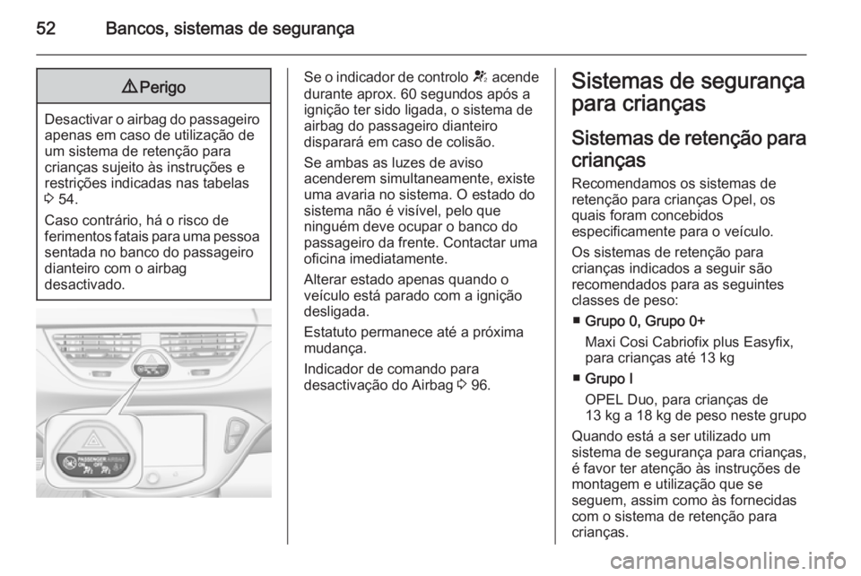 OPEL CORSA 2015.75 Manual de Instruções (in Portugues) 52Bancos, sistemas de segurança9Perigo
Desactivar o airbag do passageiro
apenas em caso de utilização de
um sistema de retenção para
crianças sujeito às instruções e
restrições indicadas na OPEL CORSA 2015.75 Manual de Instruções (in Portugues) 52Bancos, sistemas de segurança9Perigo
Desactivar o airbag do passageiro
apenas em caso de utilização de
um sistema de retenção para
crianças sujeito às instruções e
restrições indicadas na