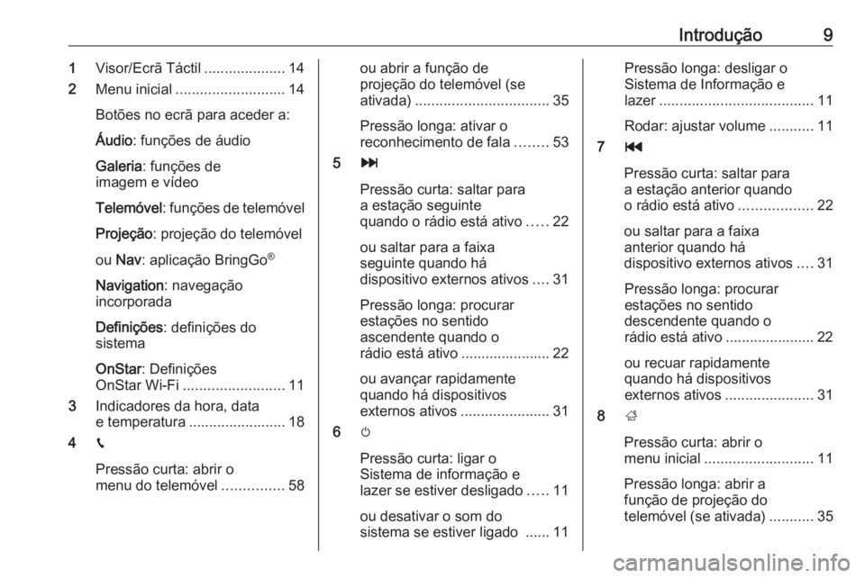 OPEL CORSA E 2018 Manual de Informação e Lazer (in Portugues) Introdução91Visor/Ecrã Táctil ....................14
2 Menu inicial ........................... 14
Botões no ecrã para aceder a:
Áudio : funções de áudio
Galeria : funções de
imagem e víd OPEL CORSA E 2018 Manual de Informação e Lazer (in Portugues) Introdução91Visor/Ecrã Táctil ....................14
2 Menu inicial ........................... 14
Botões no ecrã para aceder a:
Áudio : funções de áudio
Galeria : funções de
imagem e víd