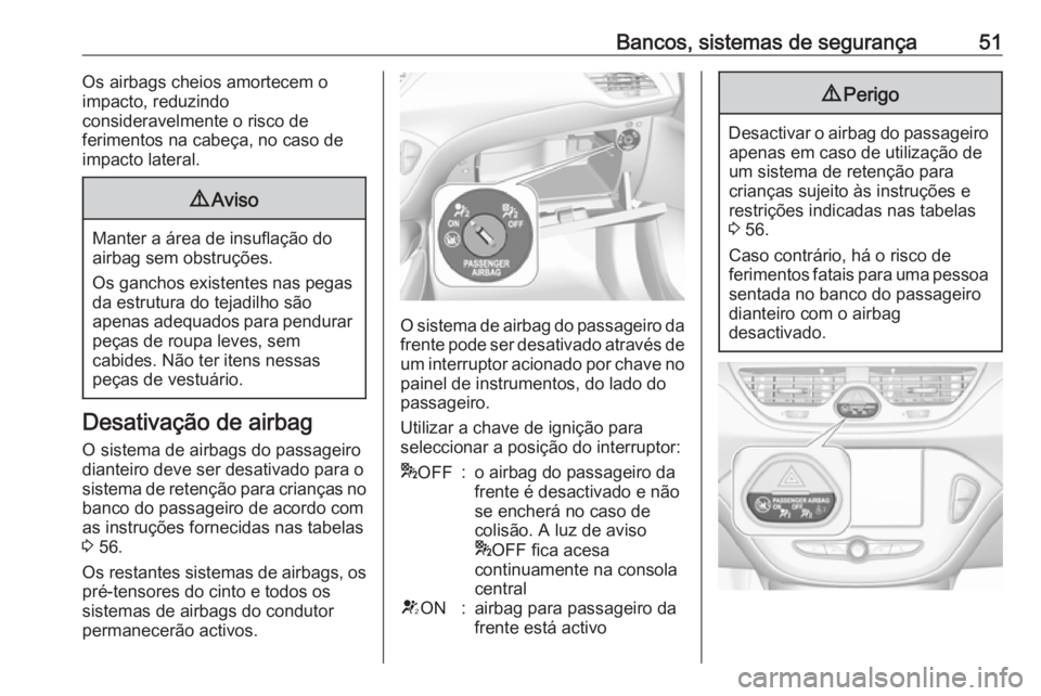 OPEL CORSA E 2018.5 Manual de Instruções (in Portugues) Bancos, sistemas de segurança51Os airbags cheios amortecem o
impacto, reduzindo
consideravelmente o risco de
ferimentos na cabeça, no caso de
impacto lateral.9 Aviso
Manter a área de insuflação d OPEL CORSA E 2018.5 Manual de Instruções (in Portugues) Bancos, sistemas de segurança51Os airbags cheios amortecem o
impacto, reduzindo
consideravelmente o risco de
ferimentos na cabeça, no caso de
impacto lateral.9 Aviso
Manter a área de insuflação d