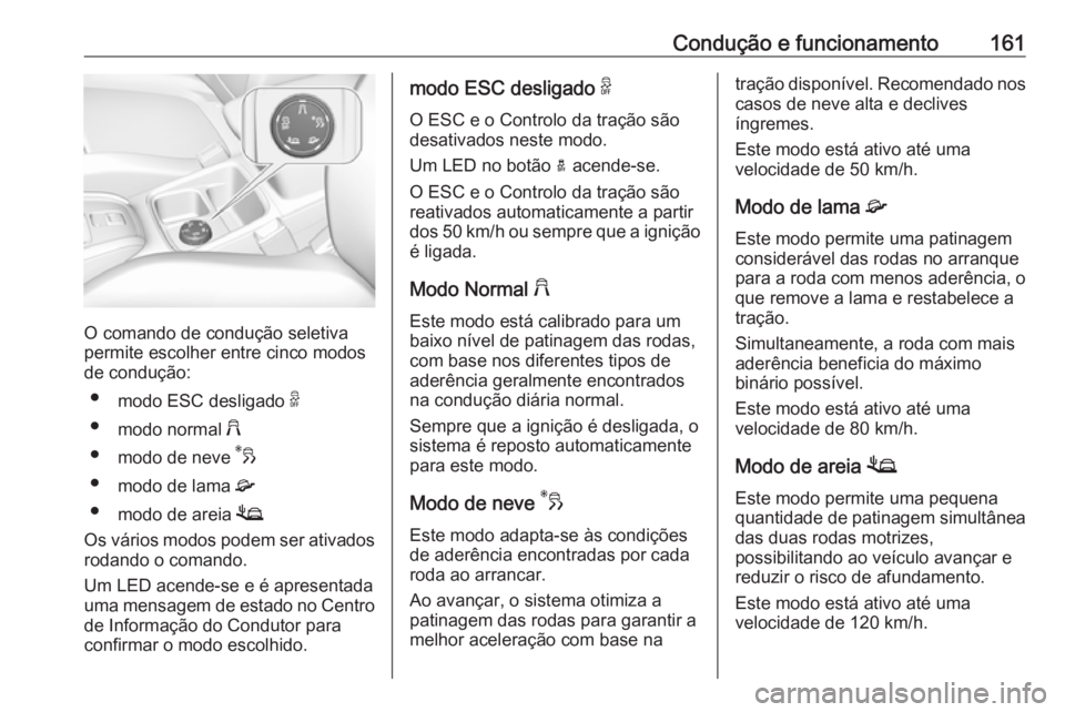 OPEL GRANDLAND X 2019.75 Manual de Instruções (in Portugues) Condução e funcionamento161
O comando de condução seletiva
permite escolher entre cinco modos
de condução:
● modo ESC desligado 9
● modo normal 2
● modo de neve 3
● modo de lama 4
OPEL GRANDLAND X 2019.75 Manual de Instruções (in Portugues) Condução e funcionamento161
O comando de condução seletiva
permite escolher entre cinco modos
de condução:
● modo ESC desligado 9
● modo normal 2
● modo de neve 3
● modo de lama 4