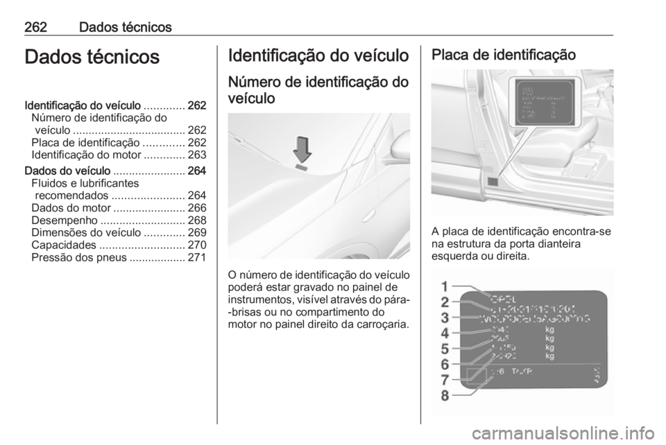OPEL GRANDLAND X 2019.75  Manual de Instruções (in Portugues) 262Dados técnicosDados técnicosIdentificação do veículo.............262
Número de identificação do veículo .................................... 262
Placa de identificação .............262
I