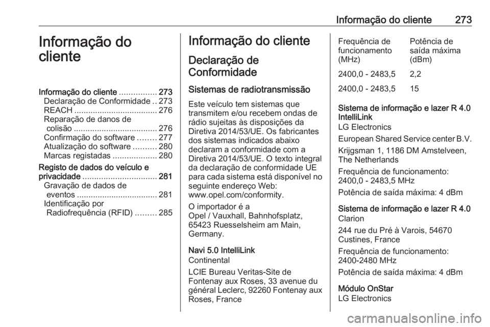 OPEL GRANDLAND X 2019.75  Manual de Instruções (in Portugues) Informação do cliente273Informação do
clienteInformação do cliente ................273
Declaração de Conformidade ..273
REACH .................................... 276
Reparação de danos de c