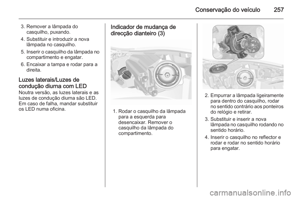 OPEL INSIGNIA 2015.5  Manual de Instruções (in Portugues) Conservação do veículo257
3. Remover a lâmpada docasquilho, puxando.
4. Substituir e introduzir a nova lâmpada no casquilho.
5. Inserir o casquilho da lâmpada no
compartimento e engatar.
6. Enca