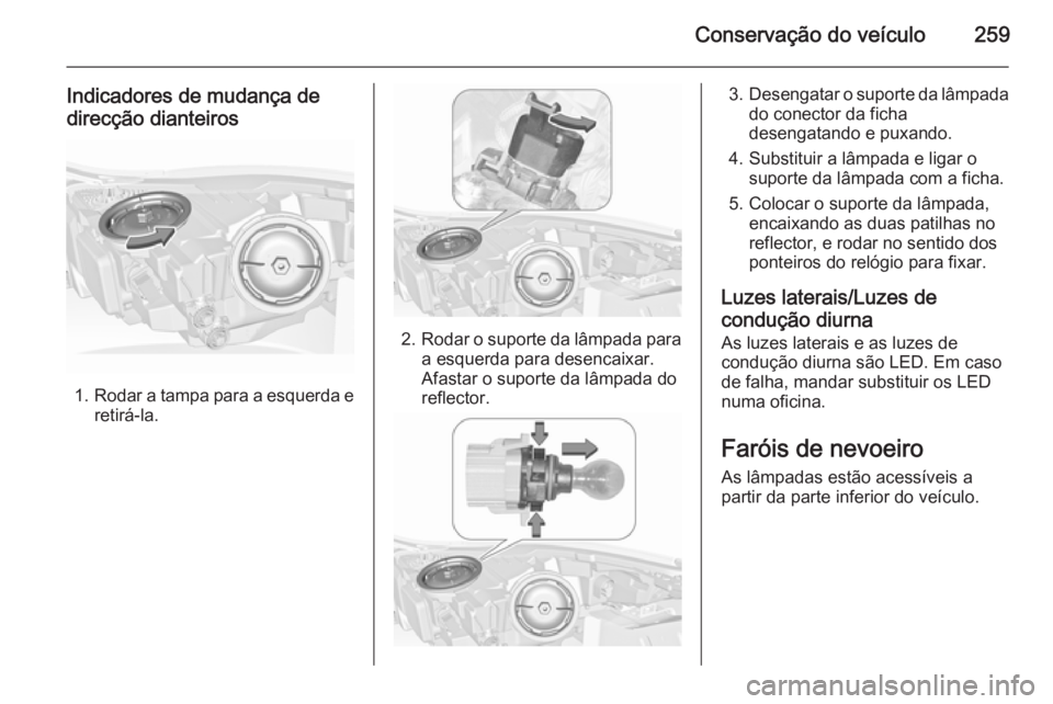 OPEL INSIGNIA 2015.5  Manual de Instruções (in Portugues) Conservação do veículo259
Indicadores de mudança de
direcção dianteiros
1. Rodar a tampa para a esquerda e
retirá-la.
2. Rodar o suporte da lâmpada para
a esquerda para desencaixar.
Afastar o 