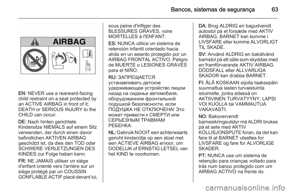 OPEL INSIGNIA 2015.5 Manual de Instruções (in Portugues) Bancos, sistemas de segurança63
EN: NEVER use a rearward-facing
child restraint on a seat protected by
an ACTIVE AIRBAG in front of it;
DEATH or SERIOUS INJURY to the
CHILD can occur.
DE: Nach hinte OPEL INSIGNIA 2015.5 Manual de Instruções (in Portugues) Bancos, sistemas de segurança63
EN: NEVER use a rearward-facing
child restraint on a seat protected by
an ACTIVE AIRBAG in front of it;
DEATH or SERIOUS INJURY to the
CHILD can occur.
DE: Nach hinte