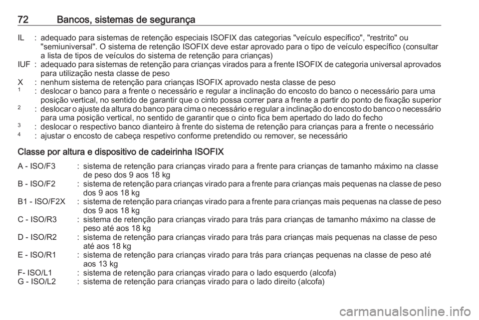 OPEL INSIGNIA BREAK 2017.75 Manual de Instruções (in Portugues) 72Bancos, sistemas de segurançaIL:adequado para sistemas de retenção especiais ISOFIX das categorias "veículo específico", "restrito" ou
"semiuniversal". O sistema de rete OPEL INSIGNIA BREAK 2017.75 Manual de Instruções (in Portugues) 72Bancos, sistemas de segurançaIL:adequado para sistemas de retenção especiais ISOFIX das categorias "veículo específico", "restrito" ou
"semiuniversal". O sistema de rete