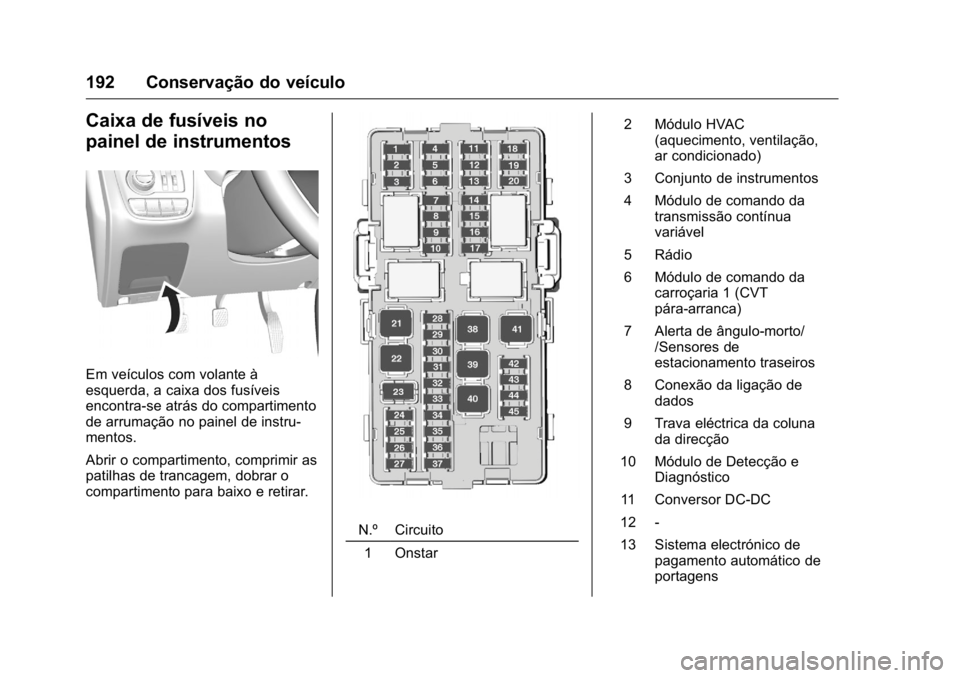 OPEL KARL 2016  Manual de Instruções (in Portugues) OPEL Karl Owner Manual (GMK-Localizing-Portugal-9231166) - 2016 - crc -
9/9/15
192 Conservação do veículo
Caixa de fusíveis no
painel de instrumentos
Em veículos com volante à
esquerda, a caixa 