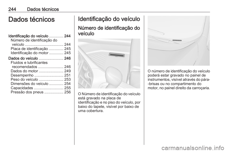 OPEL MERIVA 2016  Manual de Instruções (in Portugues) 244Dados técnicosDados técnicosIdentificação do veículo.............244
Número de identificação do veículo .................................... 244
Placa de identificação .............245
I