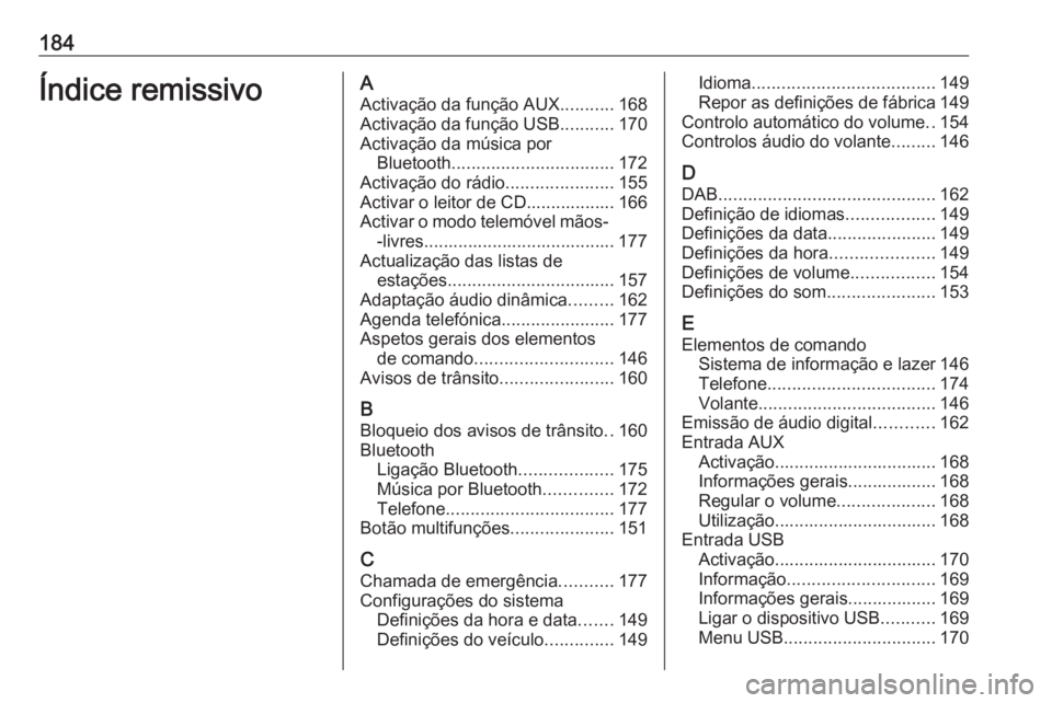 OPEL MERIVA 2016.5 Manual de Informação e Lazer (in Portugues) 184Índice remissivoAActivação da função AUX ...........168
Activação da função USB ...........170
Activação da música por Bluetooth ................................. 172
Activação do rá OPEL MERIVA 2016.5 Manual de Informação e Lazer (in Portugues) 184Índice remissivoAActivação da função AUX ...........168
Activação da função USB ...........170
Activação da música por Bluetooth ................................. 172
Activação do rá