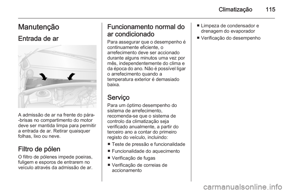 OPEL MOVANO_B 2015  Manual de Instruções (in Portugues) Climatização115Manutenção
Entrada de ar
A admissão de ar na frente do pára-
-brisas no compartimento do motor
deve ser mantida limpa para permitir
a entrada de ar. Retirar quaisquer
folhas, lixo