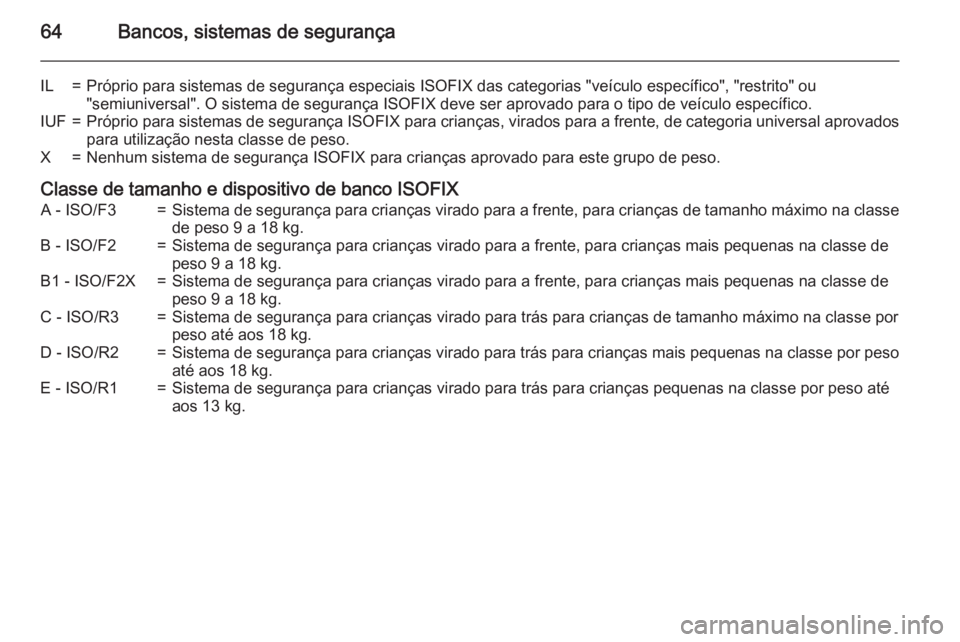 OPEL MOVANO_B 2015.5  Manual de Instruções (in Portugues) 64Bancos, sistemas de segurança
IL=Próprio para sistemas de segurança especiais ISOFIX das categorias "veículo específico", "restrito" ou
"semiuniversal". O sistema de seg