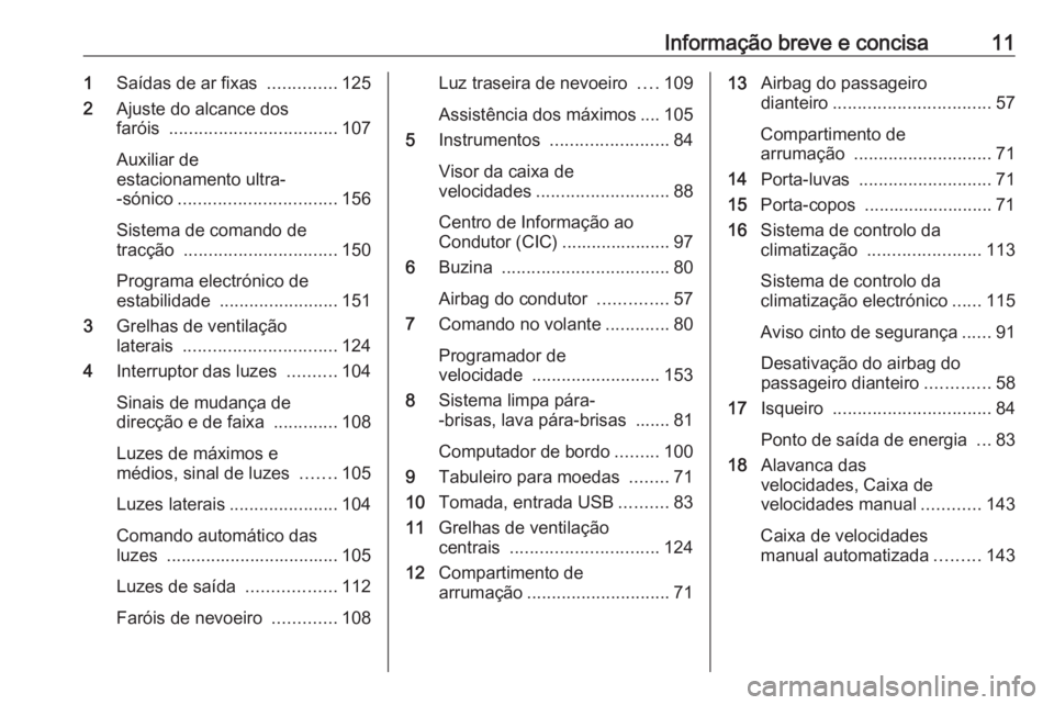 OPEL MOVANO_B 2016  Manual de Instruções (in Portugues) Informação breve e concisa111Saídas de ar fixas  ..............125
2 Ajuste do alcance dos
faróis  .................................. 107
Auxiliar de
estacionamento ultra- -sónico ...............