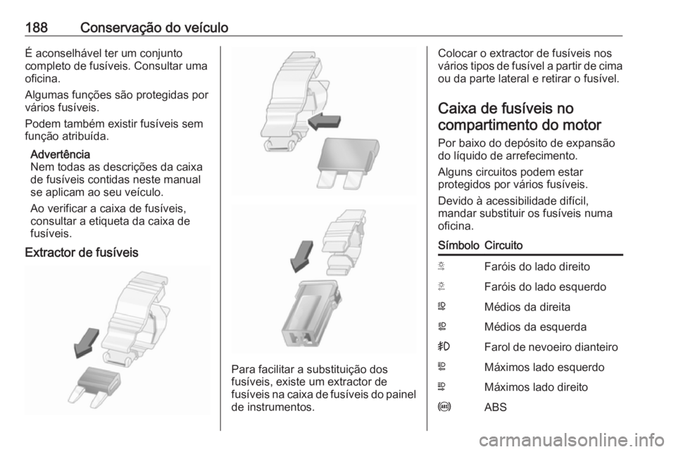 OPEL MOVANO_B 2016  Manual de Instruções (in Portugues) 188Conservação do veículoÉ aconselhável ter um conjunto
completo de fusíveis. Consultar uma
oficina.
Algumas funções são protegidas por vários fusíveis.
Podem também existir fusíveis sem
