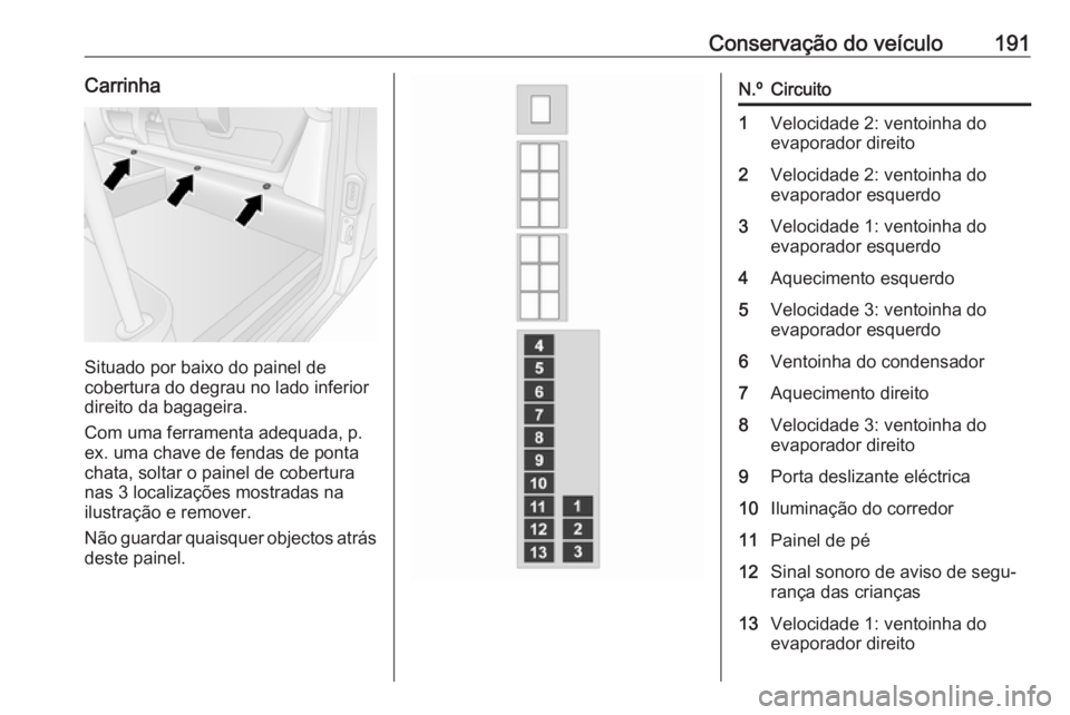 OPEL MOVANO_B 2016  Manual de Instruções (in Portugues) Conservação do veículo191Carrinha
Situado por baixo do painel de
cobertura do degrau no lado inferior
direito da bagageira.
Com uma ferramenta adequada, p.
ex. uma chave de fendas de ponta chata, s