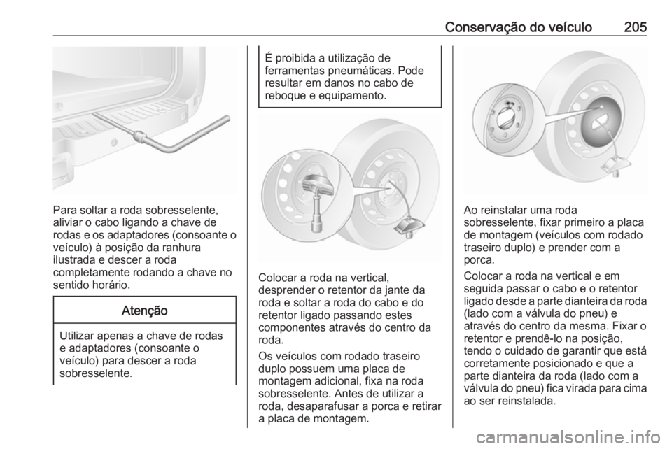 OPEL MOVANO_B 2016  Manual de Instruções (in Portugues) Conservação do veículo205
Para soltar a roda sobresselente,
aliviar o cabo ligando a chave de
rodas e os adaptadores (consoante o veículo) à posição da ranhura
ilustrada e descer a roda
complet