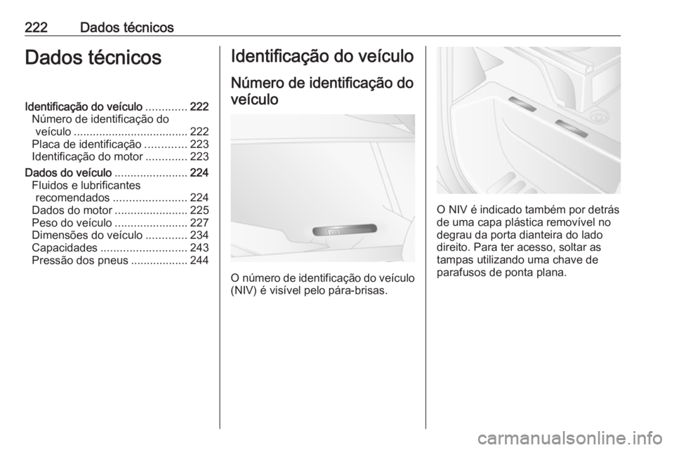 OPEL MOVANO_B 2016.5  Manual de Instruções (in Portugues) 222Dados técnicosDados técnicosIdentificação do veículo.............222
Número de identificação do veículo .................................... 222
Placa de identificação .............223
I
