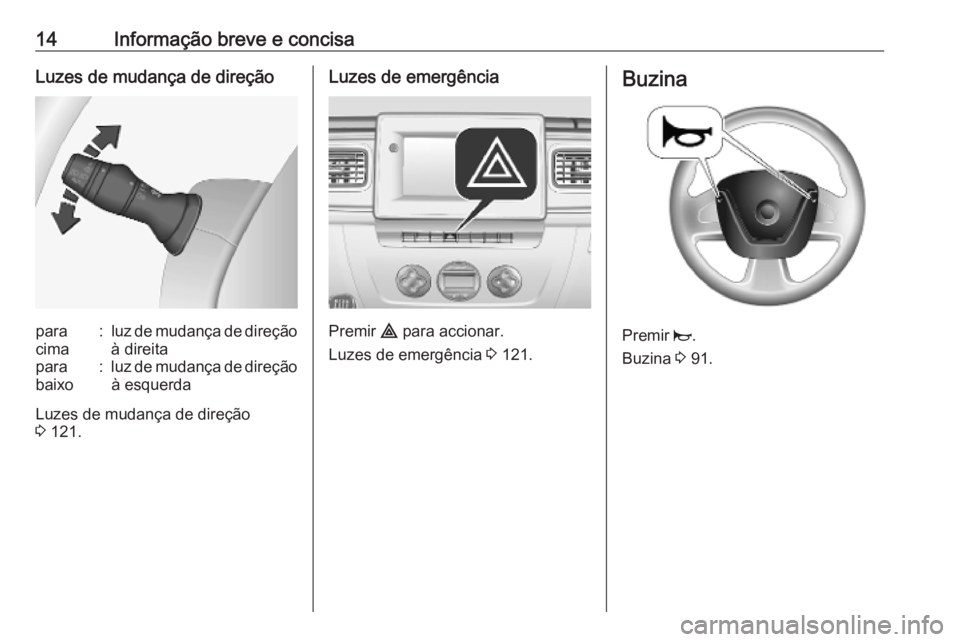 OPEL MOVANO_B 2020  Manual de Instruções (in Portugues) 14Informação breve e concisaLuzes de mudança de direçãopara
cima:luz de mudança de direção
à direitapara
baixo:luz de mudança de direção à esquerda
Luzes de mudança de direção
3  121.

