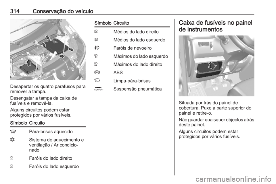 OPEL MOVANO_B 2020  Manual de Instruções (in Portugues) 314Conservação do veículo
Desapertar os quatro parafusos para
remover a tampa.
Desengatar a tampa da caixa de
fusíveis e removê-la.
Alguns circuitos podem estar
protegidos por vários fusíveis.
