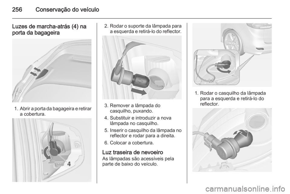 OPEL ZAFIRA C 2015  Manual de Instruções (in Portugues) 256Conservação do veículo
Luzes de marcha-atrás (4) naporta da bagageira
1. Abrir a porta da bagageira e retirar
a cobertura.
2. Rodar o suporte da lâmpada para
a esquerda e retirá-lo do reflect