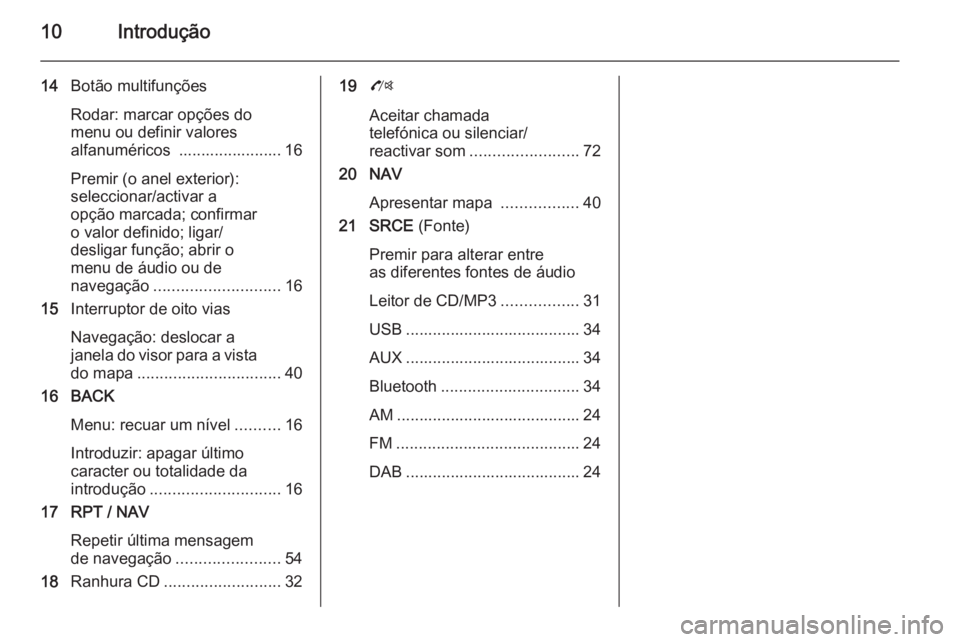 OPEL ZAFIRA C 2015.5 Manual de Informação e Lazer (in Portugues) 10Introdução
14Botão multifunções
Rodar: marcar opções do
menu ou definir valores
alfanuméricos ....................... 16
Premir (o anel exterior):
seleccionar/activar a
opção marcada; con OPEL ZAFIRA C 2015.5 Manual de Informação e Lazer (in Portugues) 10Introdução
14Botão multifunções
Rodar: marcar opções do
menu ou definir valores
alfanuméricos ....................... 16
Premir (o anel exterior):
seleccionar/activar a
opção marcada; con