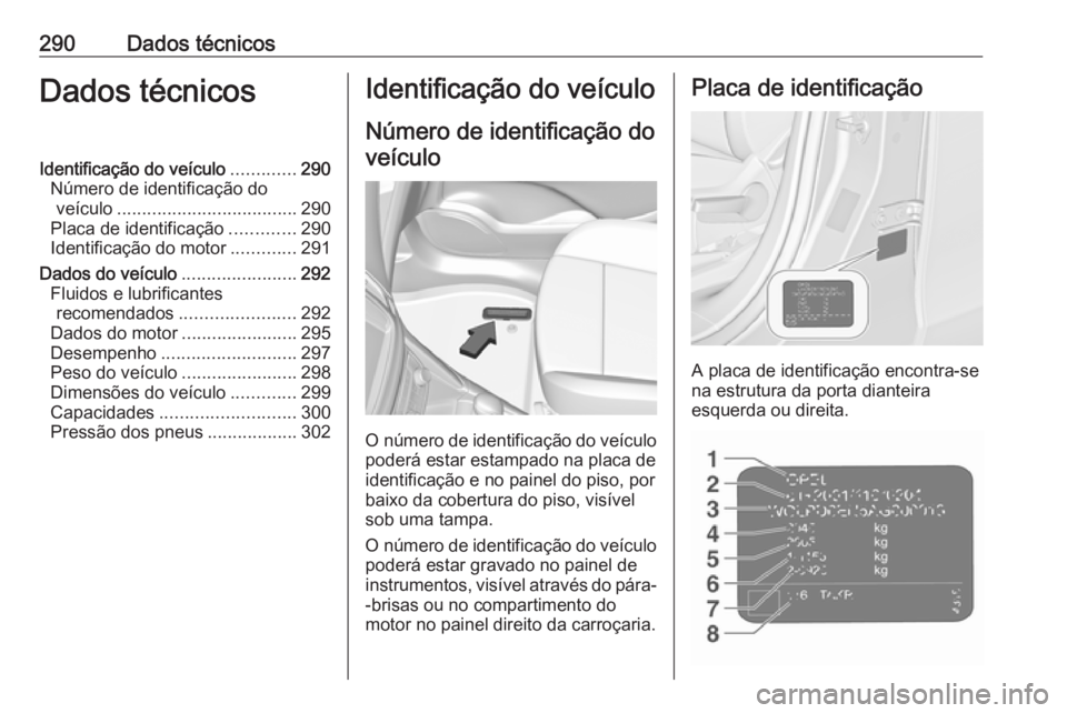 OPEL ZAFIRA C 2017.25  Manual de Instruções (in Portugues) 290Dados técnicosDados técnicosIdentificação do veículo.............290
Número de identificação do veículo .................................... 290
Placa de identificação .............290
I