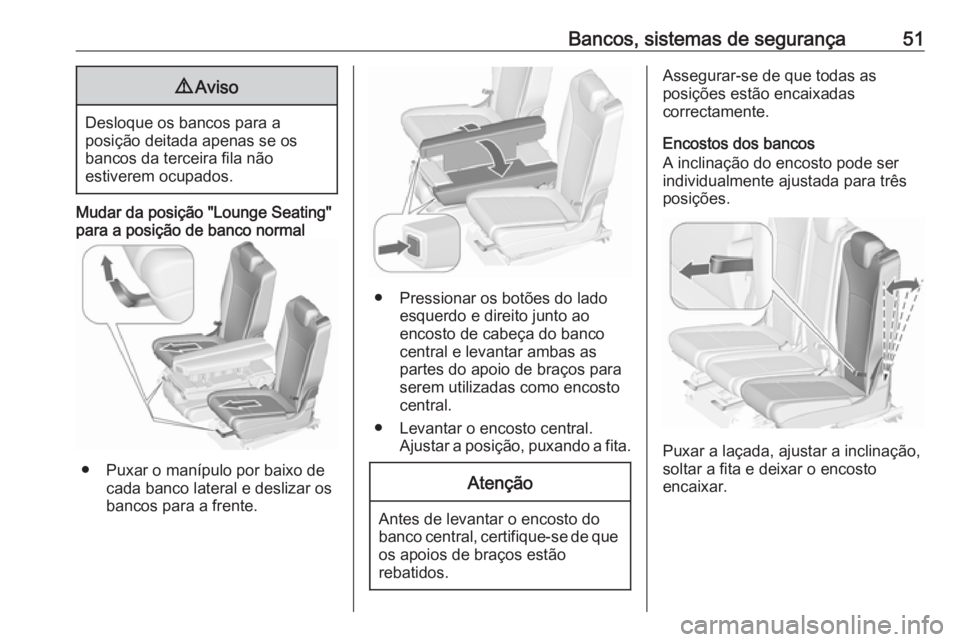 OPEL ZAFIRA C 2017.25  Manual de Instruções (in Portugues) Bancos, sistemas de segurança519Aviso
Desloque os bancos para a
posição deitada apenas se os
bancos da terceira fila não
estiverem ocupados.
Mudar da posição "Lounge Seating"
para a posi