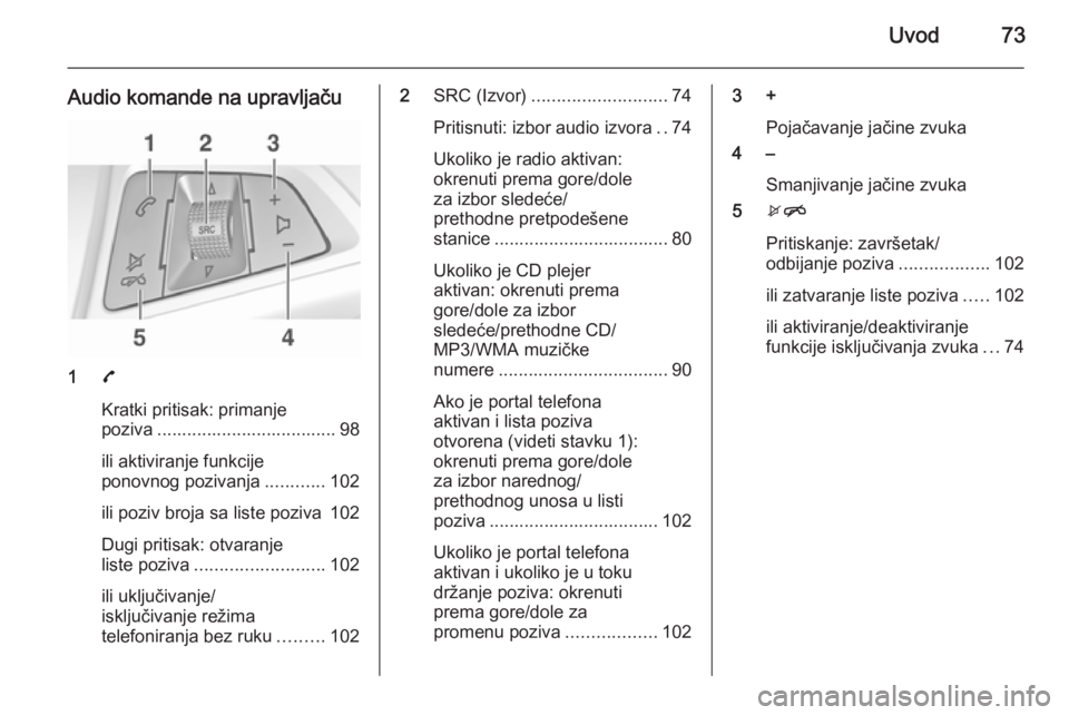 OPEL ADAM 2015.5  Uputstvo za rukovanje Infotainment sistemom (in Serbian) Uvod73
Audio komande na upravljaču
17
Kratki pritisak: primanje
poziva .................................... 98
ili aktiviranje funkcije
ponovnog pozivanja ............102
ili poziv broja sa liste poz