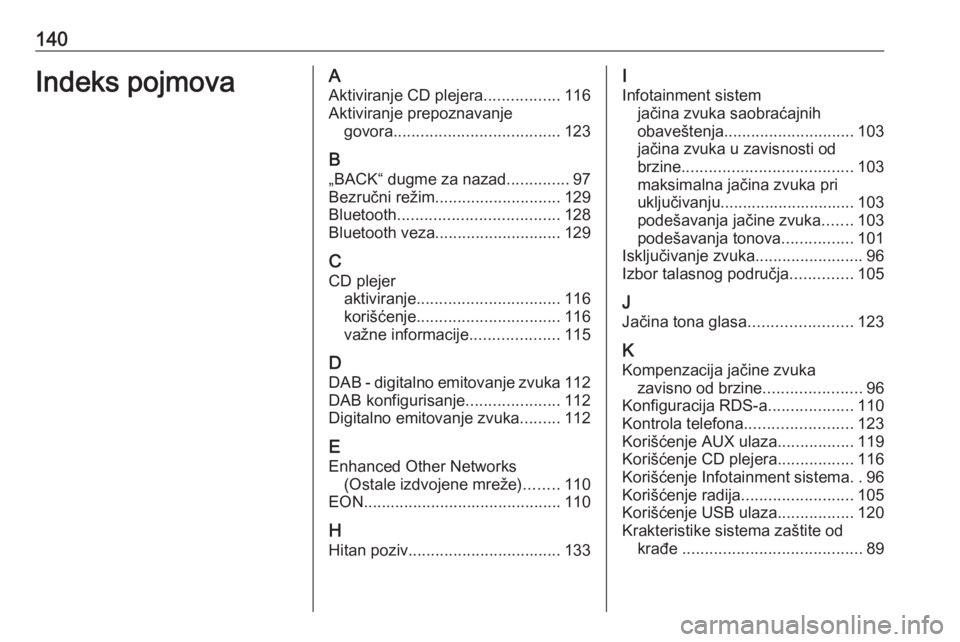 OPEL ASTRA J 2016  Uputstvo za rukovanje Infotainment sistemom (in Serbian) 140Indeks pojmovaAAktiviranje CD plejera .................116
Aktiviranje prepoznavanje govora ..................................... 123
B „BACK“ dugme za nazad ..............97
Bezručni režim .