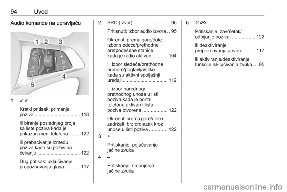 OPEL ASTRA K 2016.5  Uputstvo za rukovanje Infotainment sistemom (in Serbian) 94UvodAudio komande na upravljaču
1qw
Kratki pritisak: primanje
poziva .................................. 118
ili biranje poslednjeg broja
sa liste poziva kada je
prikazan meni telefona ........122
i