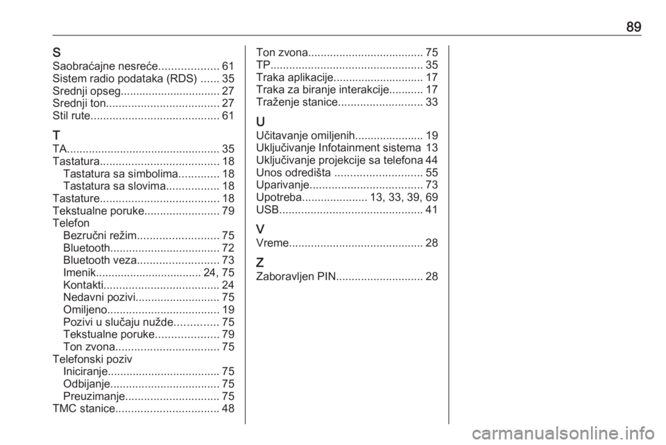 OPEL ASTRA K 2017.5  Uputstvo za rukovanje Infotainment sistemom (in Serbian) 89SSaobraćajne nesreće ...................61
Sistem radio podataka (RDS)  ......35
Srednji opseg................................ 27
Srednji ton .................................... 27
Stil rute ....