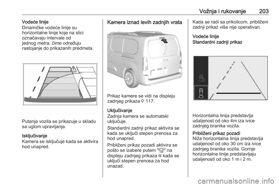 OPEL COMBO E 2019.75  Uputstvo za upotrebu (in Serbian) Vožnja i rukovanje203Vodeće linije
Dinamičke vodeće linije su
horizontalne linije koje na slici
označavaju intervale od
jednog metra, čime određuju
rastojanje do prikazanih predmeta.
Putanja vo