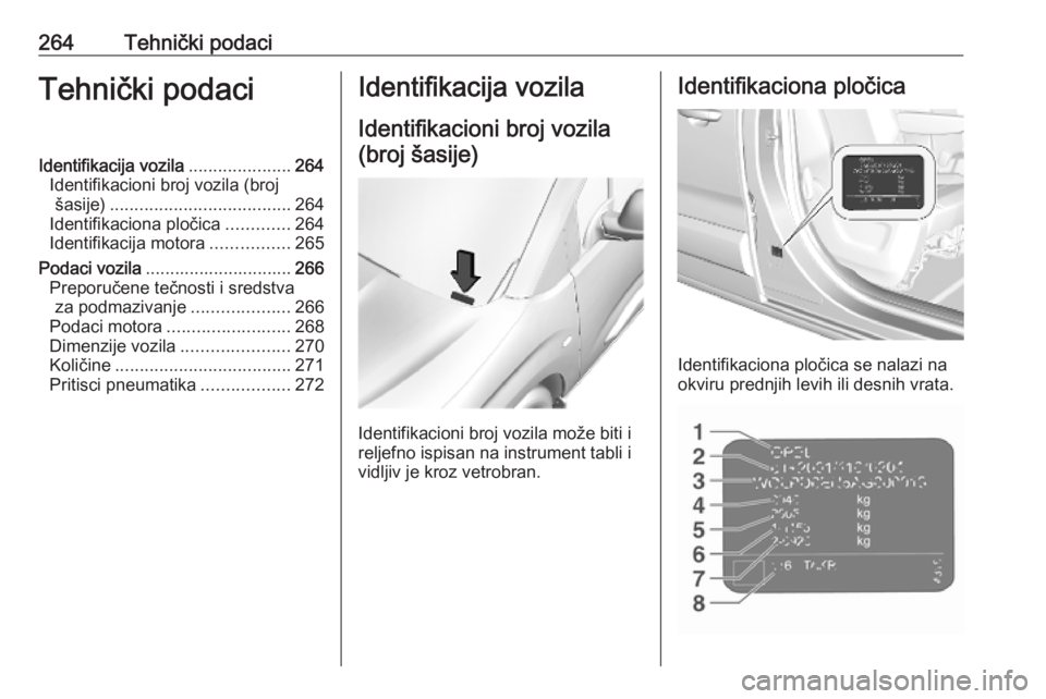 OPEL COMBO E 2019.75  Uputstvo za upotrebu (in Serbian) 264Tehnički podaciTehnički podaciIdentifikacija vozila.....................264
Identifikacioni broj vozila (broj šasije) ..................................... 264
Identifikaciona pločica .........