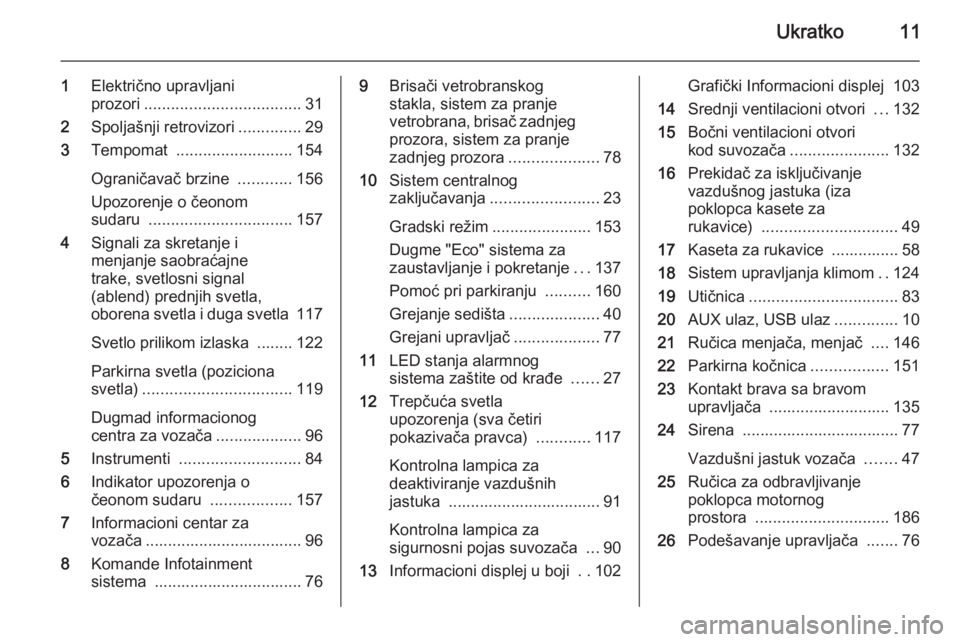 OPEL CORSA 2015.5  Uputstvo za upotrebu (in Serbian) Ukratko11
1Električno upravljani
prozori ................................... 31
2 Spoljašnji retrovizori ..............29
3 Tempomat  .......................... 154
Ograničavač brzine  ...........