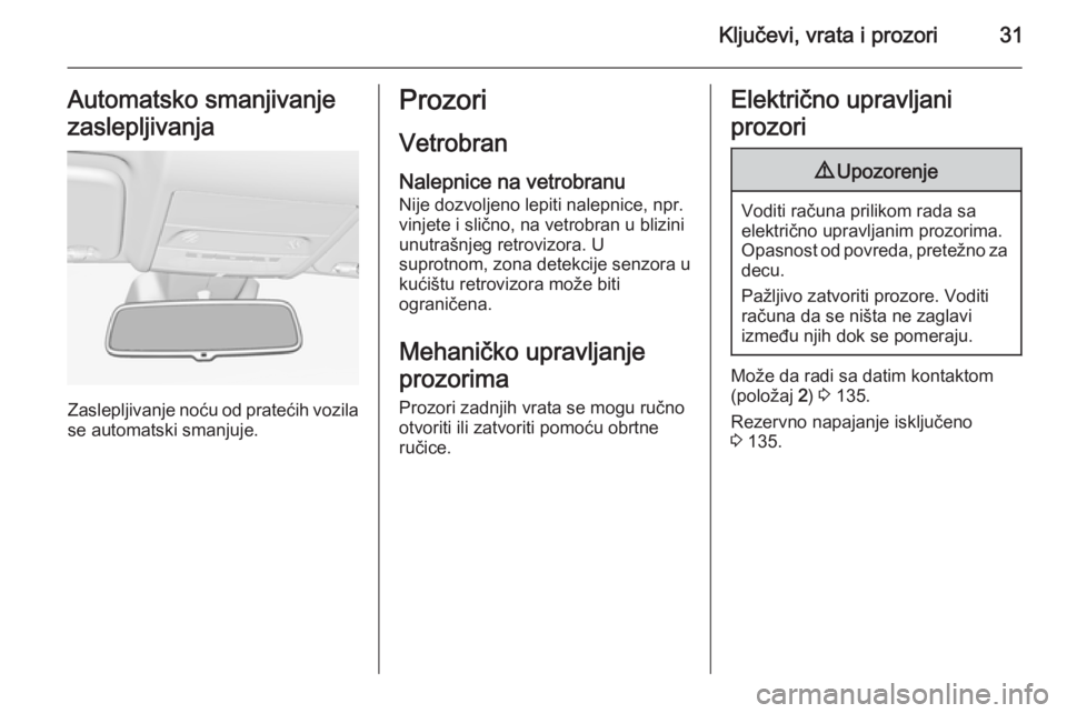 OPEL CORSA 2015.5  Uputstvo za upotrebu (in Serbian) Ključevi, vrata i prozori31Automatsko smanjivanje
zaslepljivanja
Zaslepljivanje noću od pratećih vozila
se automatski smanjuje.
Prozori
Vetrobran
Nalepnice na vetrobranu Nije dozvoljeno lepiti nale