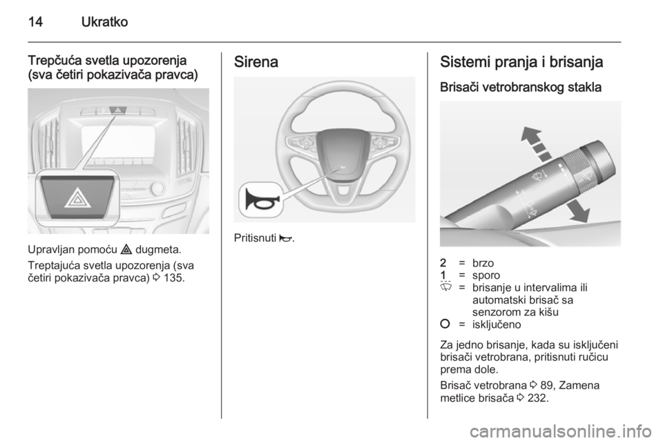 OPEL INSIGNIA 2014  Uputstvo za upotrebu (in Serbian) 14Ukratko
Trepčuća svetla upozorenja
(sva četiri pokazivača pravca)
Upravljan pomoću  ¨ dugmeta.
Treptajuća svetla upozorenja (sva
četiri pokazivača pravca)  3 135.
Sirena
Pritisnuti  j.
Sist