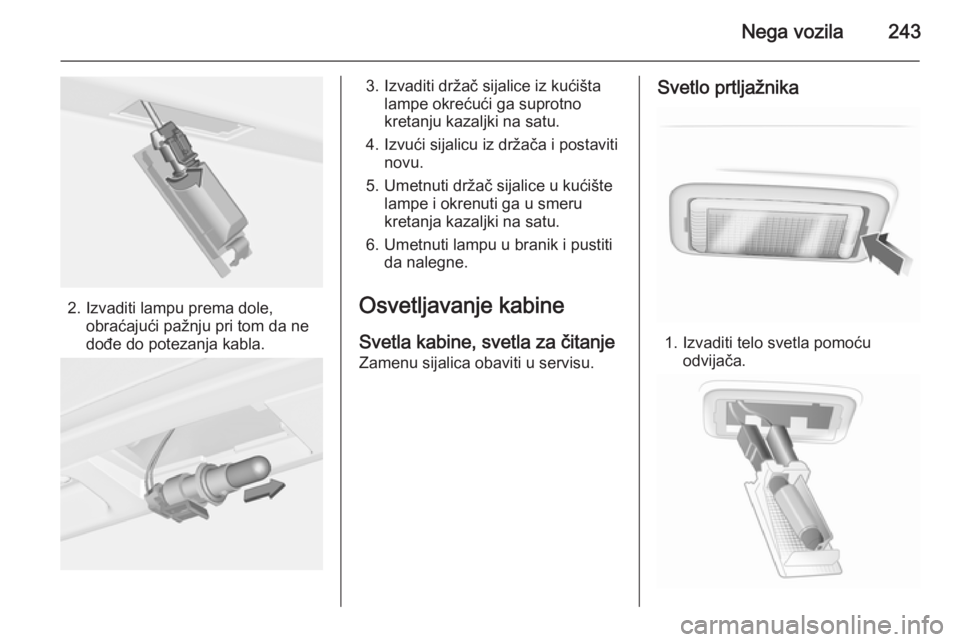 OPEL INSIGNIA 2014  Uputstvo za upotrebu (in Serbian) Nega vozila243
2. Izvaditi lampu prema dole,obraćajući pažnju pri tom da ne
dođe do potezanja kabla.
3. Izvaditi držač sijalice iz kućišta lampe okrećući ga suprotno
kretanju kazaljki na sat
