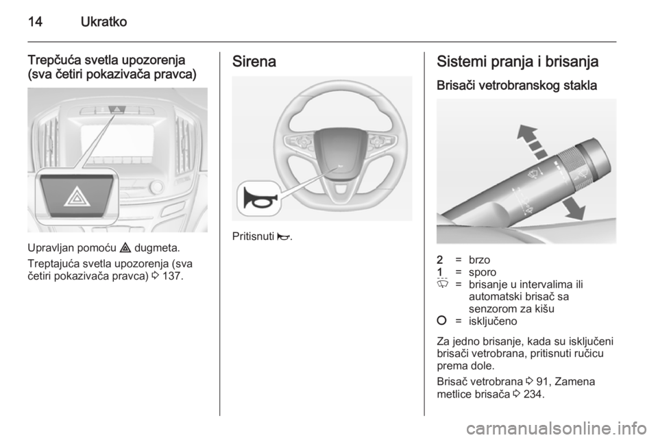 OPEL INSIGNIA 2014.5  Uputstvo za upotrebu (in Serbian) 14Ukratko
Trepčuća svetla upozorenja
(sva četiri pokazivača pravca)
Upravljan pomoću  ¨ dugmeta.
Treptajuća svetla upozorenja (sva
četiri pokazivača pravca)  3 137.
Sirena
Pritisnuti  j.
Sist