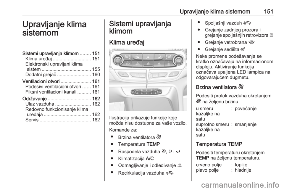 OPEL INSIGNIA BREAK 2019.5  Uputstvo za upotrebu (in Serbian) Upravljanje klima sistemom151Upravljanje klima
sistemomSistemi upravljanja klimom ........151
Klima uređaj ............................ 151
Elektronski upravljani klima sistem .......................