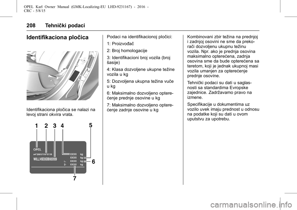 OPEL KARL 2015.75  Uputstvo za upotrebu (in Serbian) OPEL Karl Owner Manual (GMK-Localizing-EU LHD-9231167) - 2016 -
CRC - 5/8/15
208 Tehnički podaci
Identifikaciona pločica
Identifikaciona pločica se nalazi na
levoj strani okvira vrata.
Podaci na id