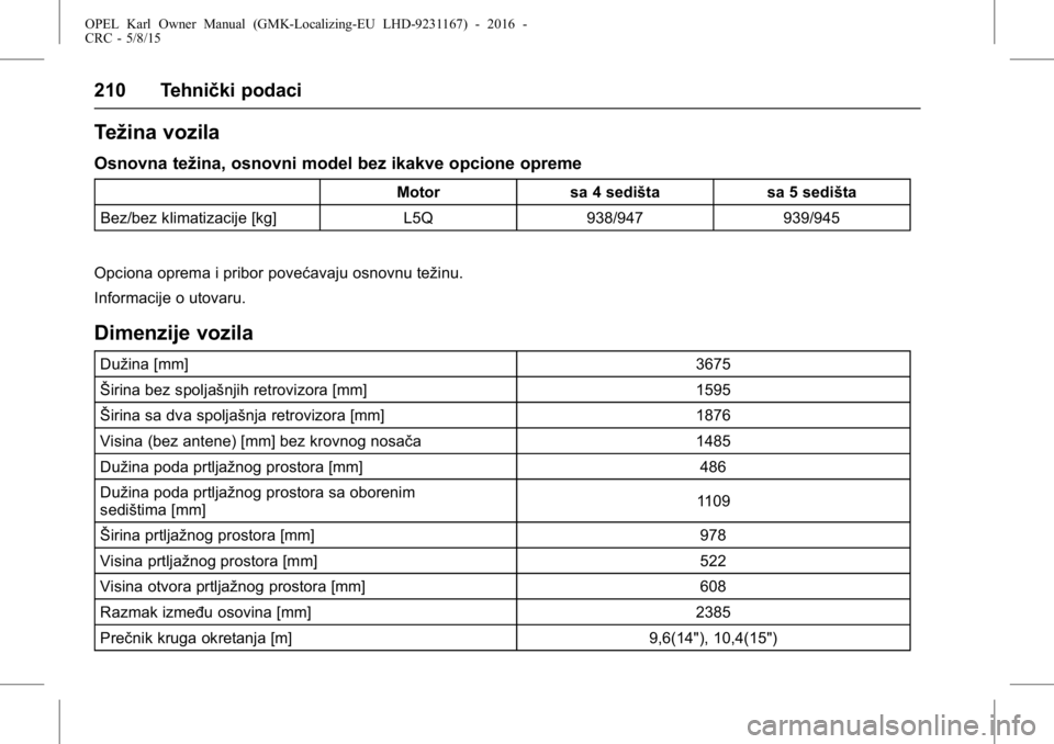 OPEL KARL 2015.75  Uputstvo za upotrebu (in Serbian) OPEL Karl Owner Manual (GMK-Localizing-EU LHD-9231167) - 2016 -
CRC - 5/8/15
210 Tehnički podaci
Težina vozila
Osnovna težina, osnovni model bez ikakve opcione opreme
Motorsa 4 sedišta sa 5 sediš