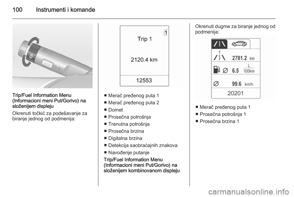 OPEL MOKKA 2015  Uputstvo za upotrebu (in Serbian) 100Instrumenti i komande
Trip/Fuel Information Menu
(Informacioni meni Put/Gorivo)  na
složenijem displeju
Okrenuti točkić za podešavanje za biranje jednog od podmenija:■ Merač pređenog puta 1