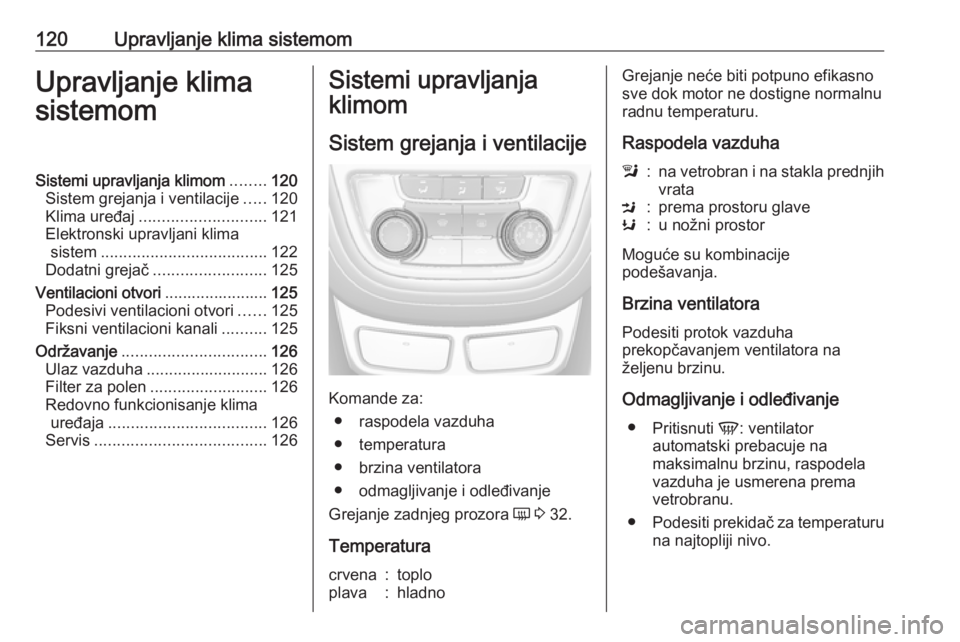 OPEL MOKKA 2016 Uputstvo za upotrebu (in Serbian) 120Upravljanje klima sistemomUpravljanje klima
sistemomSistemi upravljanja klimom ........120
Sistem grejanja i ventilacije .....120
Klima uređaj ............................ 121
Elektronski upravlja OPEL MOKKA 2016 Uputstvo za upotrebu (in Serbian) 120Upravljanje klima sistemomUpravljanje klima
sistemomSistemi upravljanja klimom ........120
Sistem grejanja i ventilacije .....120
Klima uređaj ............................ 121
Elektronski upravlja