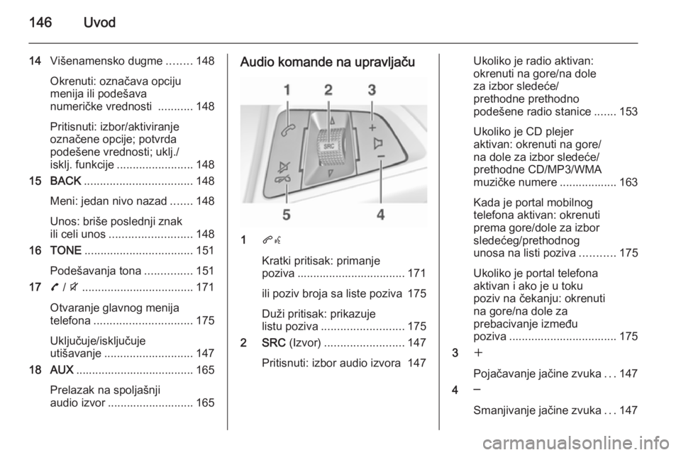 OPEL ZAFIRA C 2015.5  Uputstvo za rukovanje Infotainment sistemom (in Serbian) 146Uvod
14Višenamensko dugme ........148
Okrenuti: označava opciju
menija ili podešava
numeričke vrednosti  ...........148
Pritisnuti: izbor/aktiviranje
označene opcije; potvrda
podešene vrednos